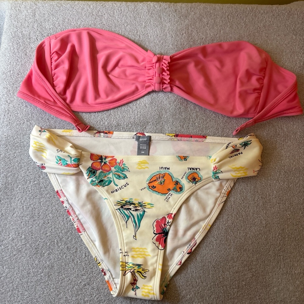 aerie Pink Bandeau Bikini Top with Cream Floral Bikini Bottom